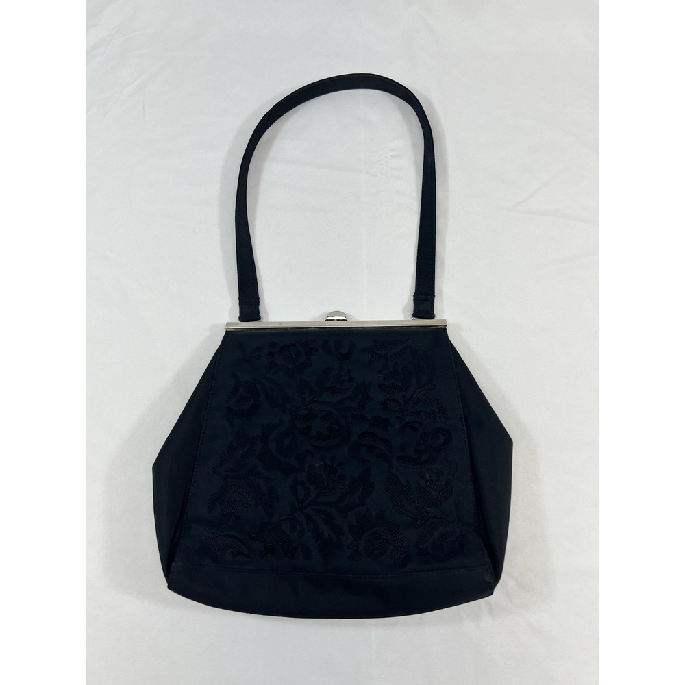 Vintage Style Black Floral Tapestry Clutch Shoulder Bag Satin Frame Purse Kiss L
